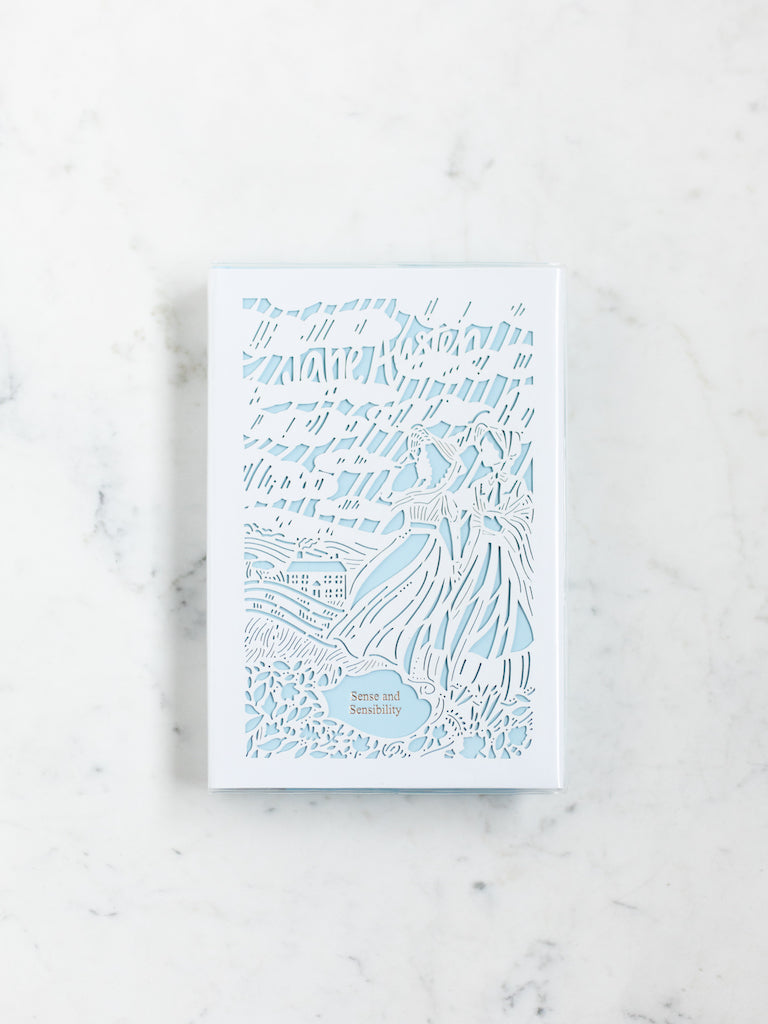 A blue book with a white paper cut design over it of two women in a rainstorm with a distant house being them. 