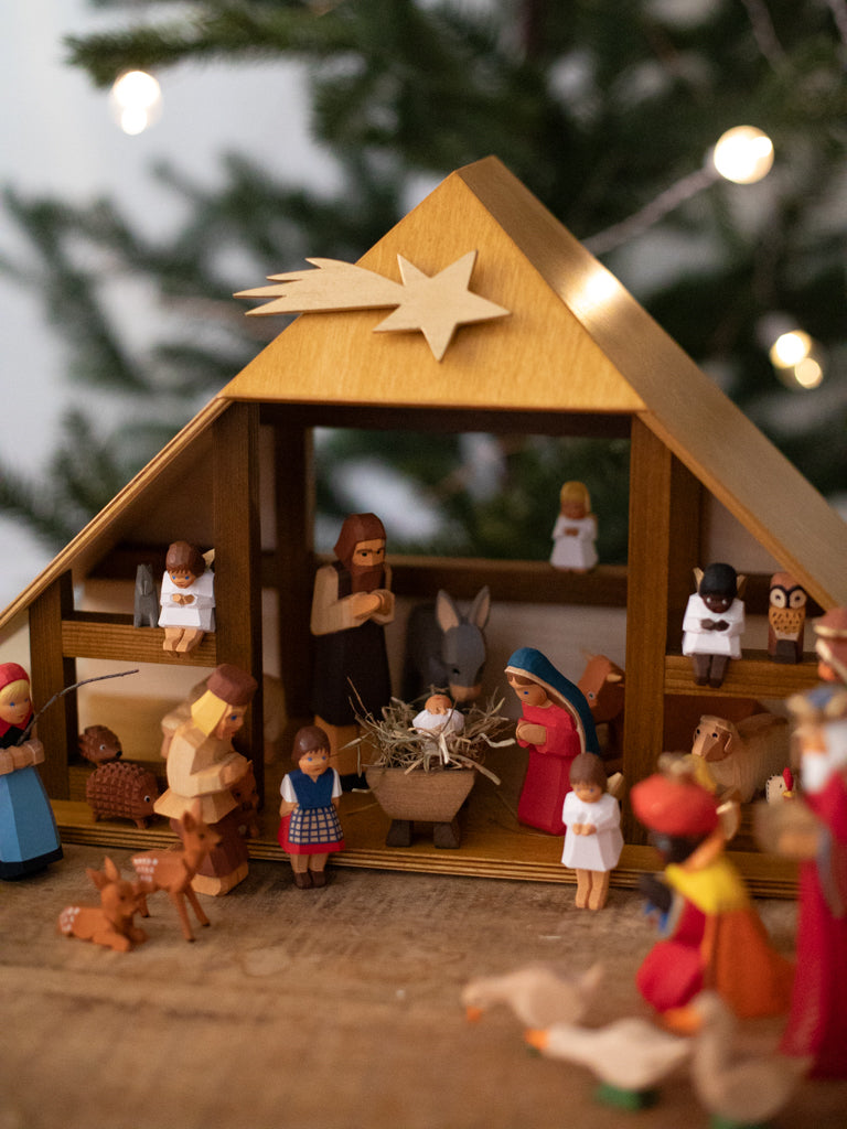 A focus on Mary, Joseph, and Jesus in the manger, includes visuals of other surrounding characters.