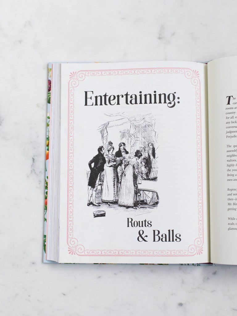 A cookbook opened to a page titled “Entertaining: Routs and Balls” with a regency style illustration of people at a party. 