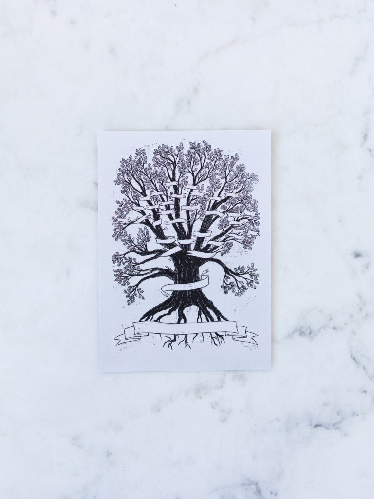 Print of a tree with a banner wrapped around it where you can place your own names on the branches. 