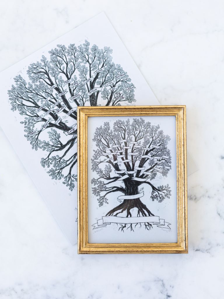 Framed print of a tree wrapped in a banner where you can place your own names on the branches. Bigger print behind it. 