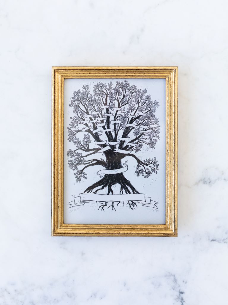 Framed print of a tree with a banner wrapped around it where you can place your own names on the branches. 