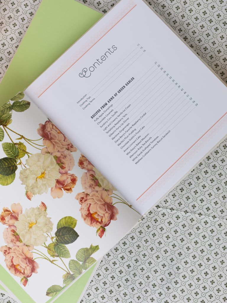 Floral table of contents that includes cooking tips and various desserts.