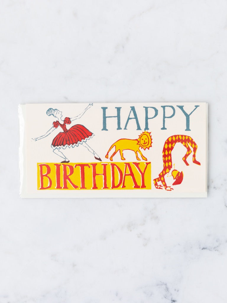 Circus animals and characters happy birthday card.