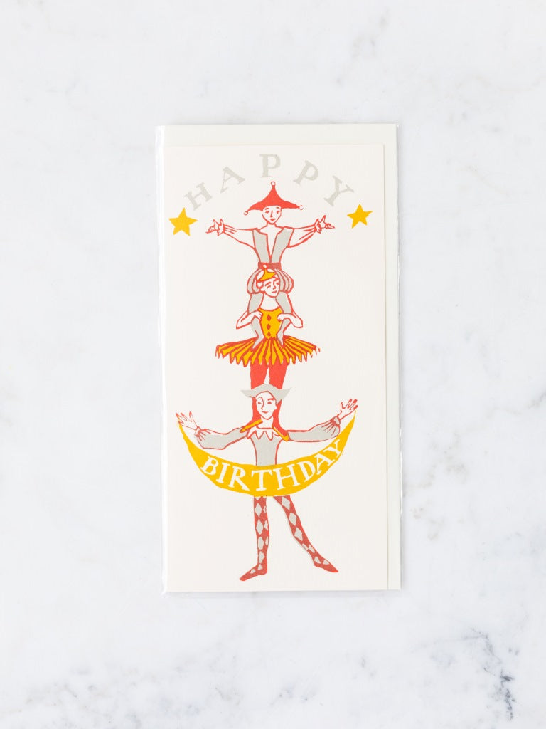 Circus characters stacked on top of one another happy birthday card.