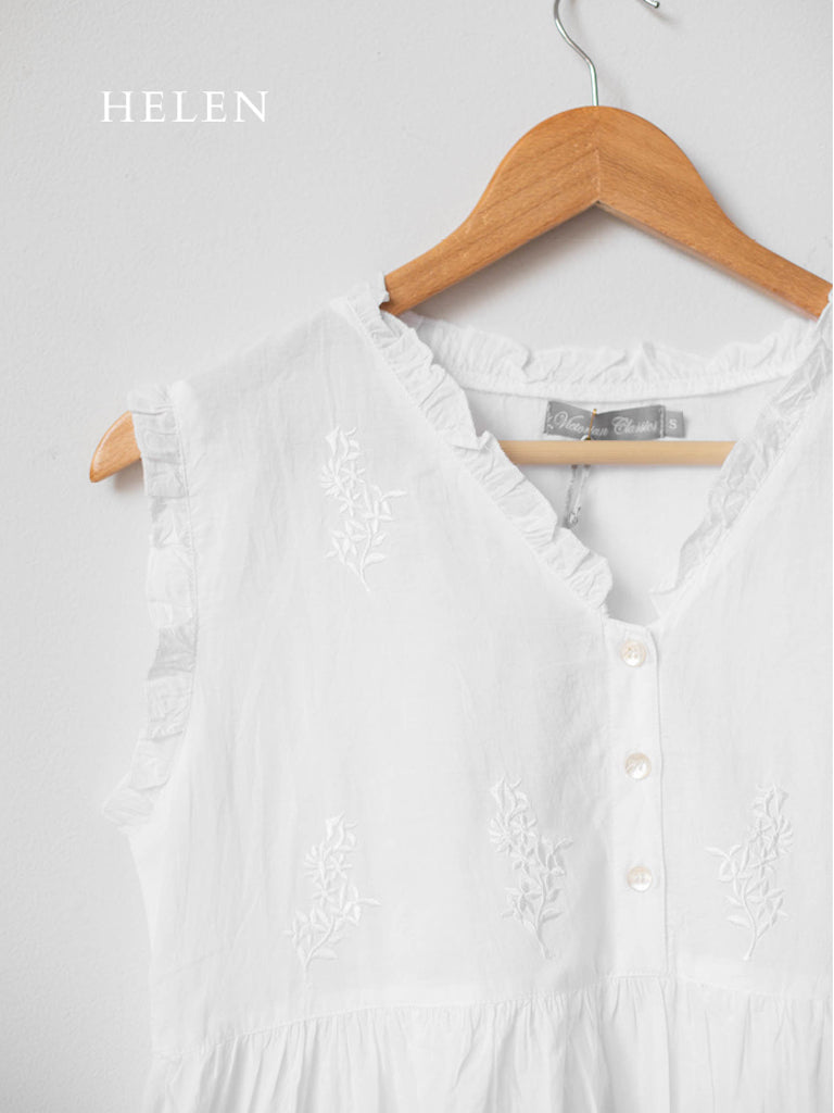 The color and sleeve of this nightgown while being worn, displaying small floral lace patterns and short ruffle edges.