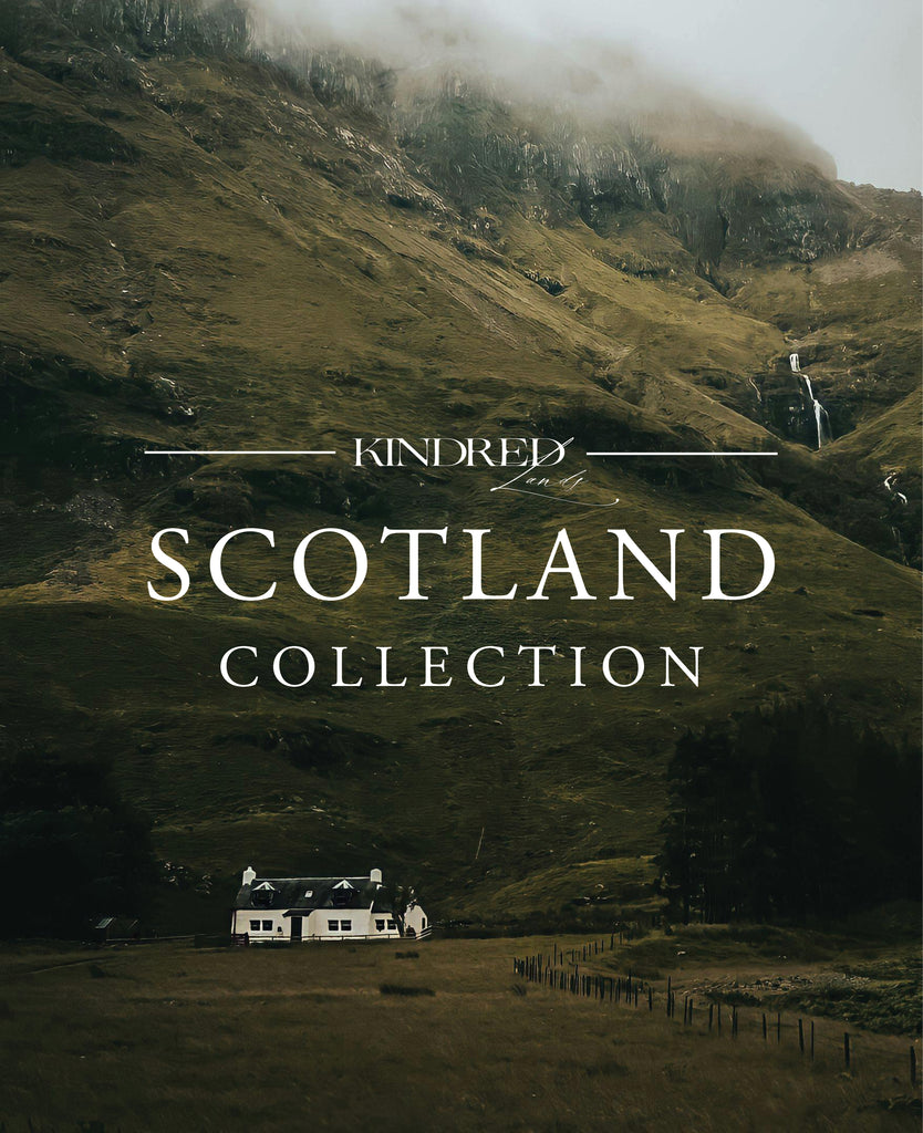 Scenic landscape with a house on a hill, featuring the 'Kindred' Scotland Collection text.