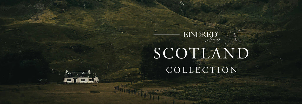 Scenic view of a house in Scotland with 'Kindred Scotland Collection' text overlay.