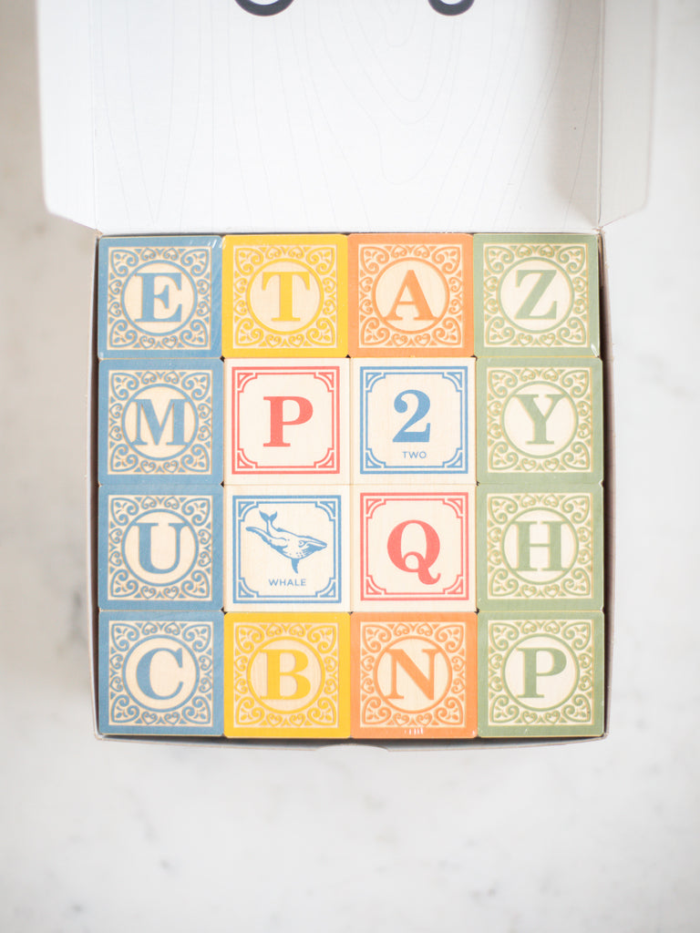 A book opened to reveal a box full of multicolored blocks with letters and animals on them. 