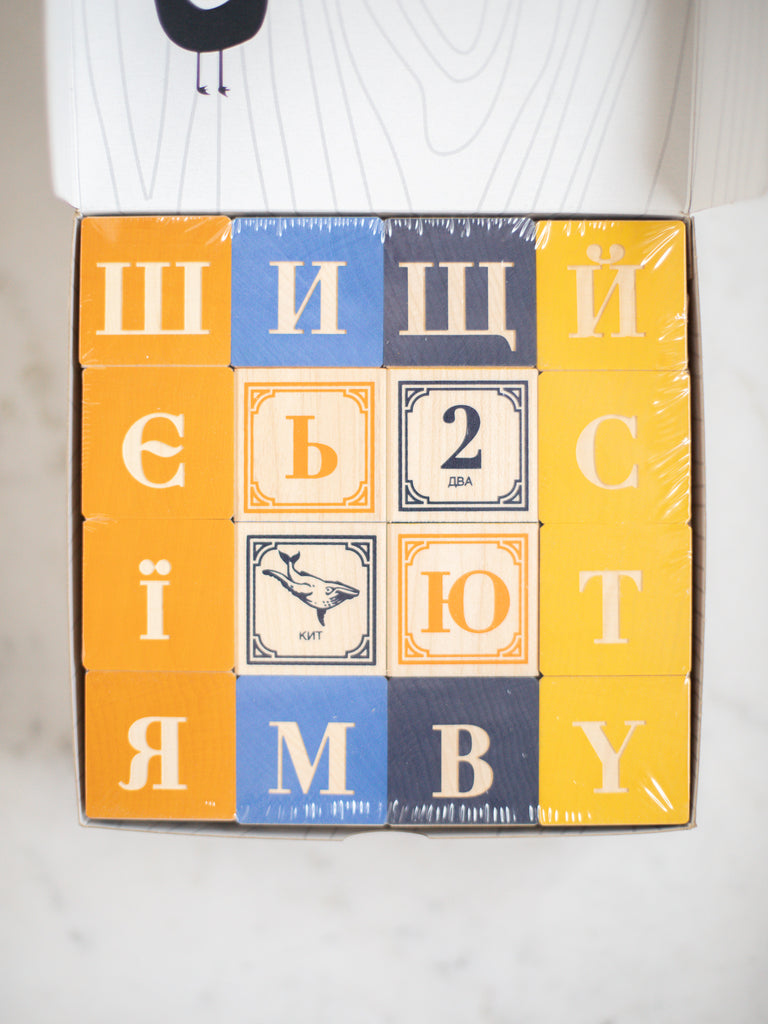 A box opened up to reveal a bunch of multicolored blocks with letters, numbers and animals on them. 