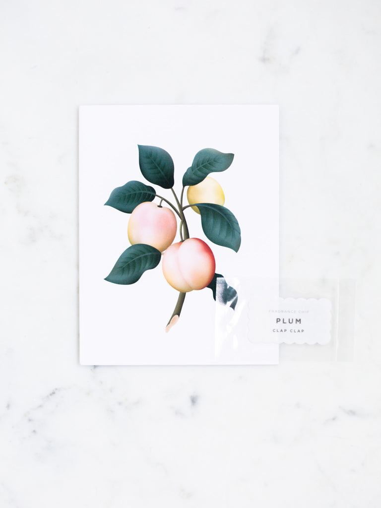 Yellow and plush plum greeting card with dark forest green leaves.