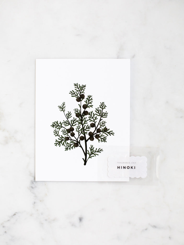A dark brown Hinoki botanical greeting card.