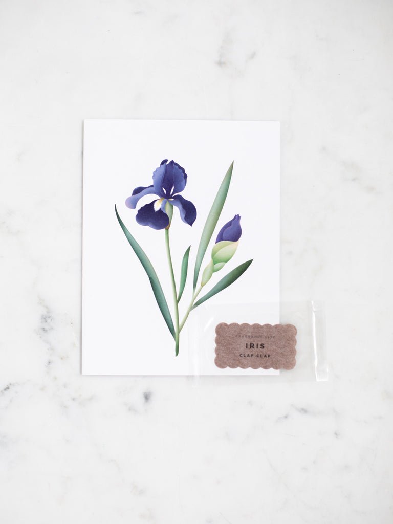 An indigo iris is featured on this botanical scented greeting card.