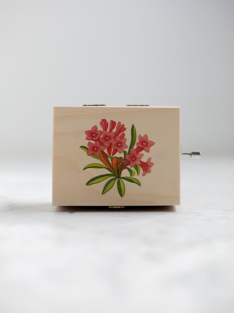 An alpine music box with a cover top with a red flower.