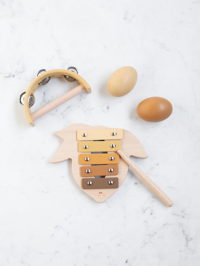 A tambourine, a lemon shaped xylophone, and two egg shaped maracas.