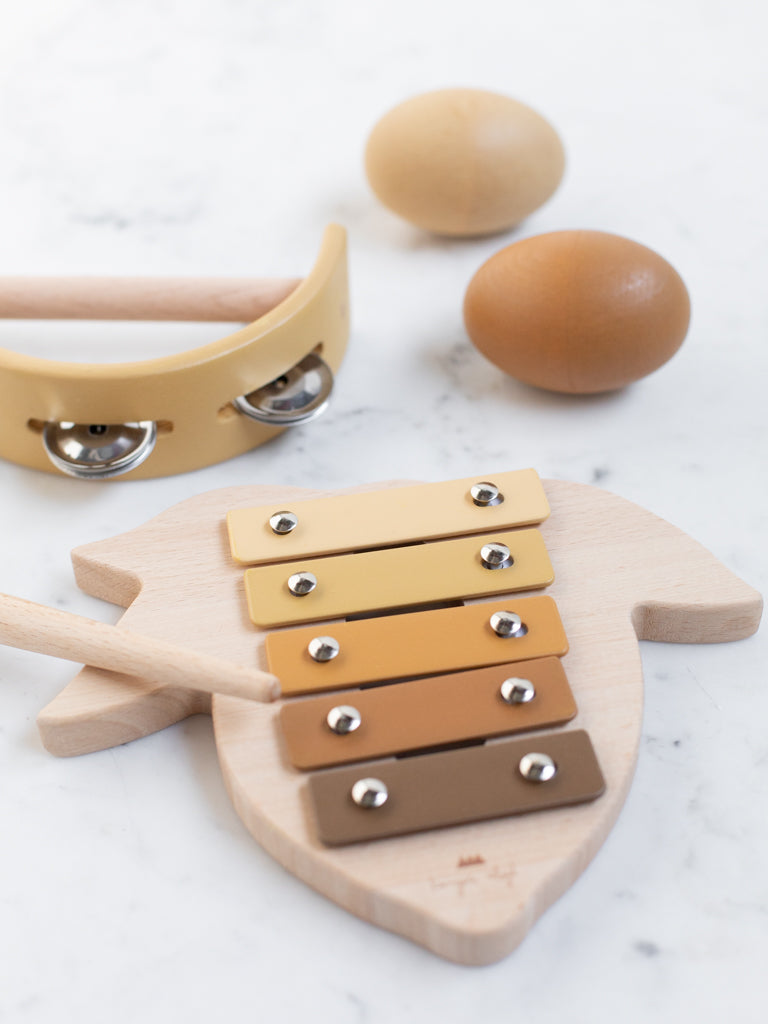 A tambourine, a lemon shaped xylophone, and two egg shaped maracas.