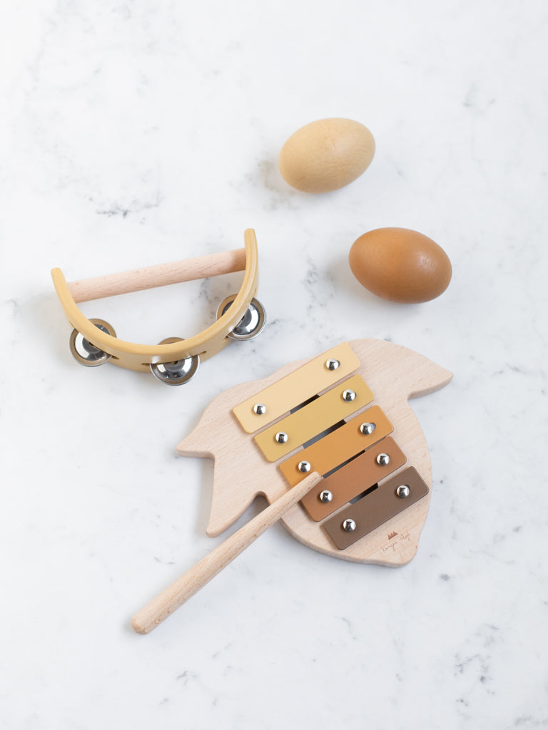 A tambourine, a lemon shaped xylophone, and two egg shaped maracas.