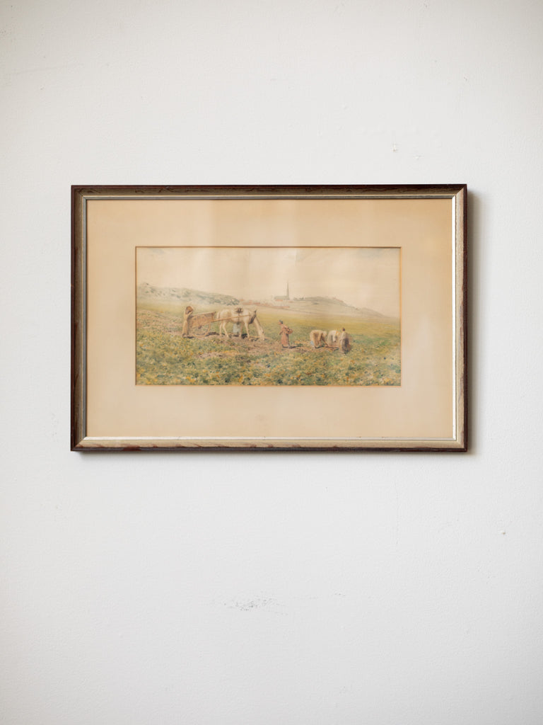 A vintage watercolor painting of five women in a green field with a white horse pulling a wooden cart, with hills and buildings in the distant background.