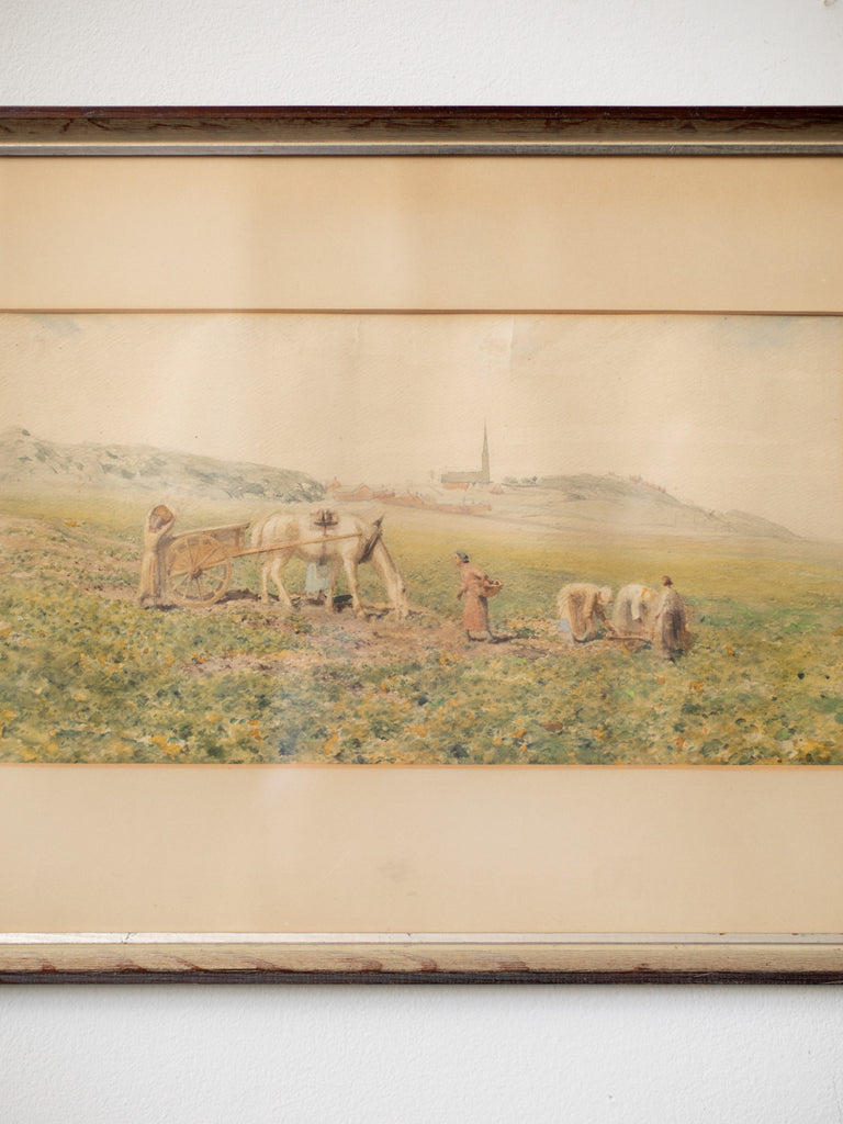 A vintage watercolor painting of five women in a green field with a white horse pulling a wooden cart, with hills and buildings in the distant background.