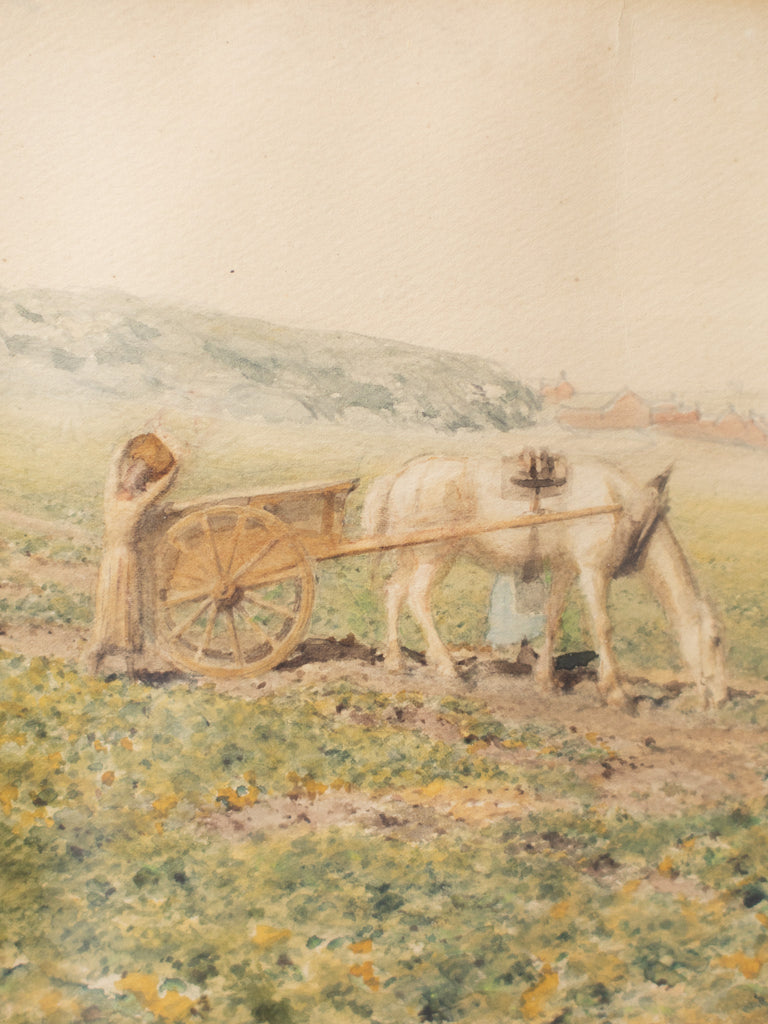 A vintage watercolor painting of five women in a green field with a white horse pulling a wooden cart, with hills and buildings in the distant background.