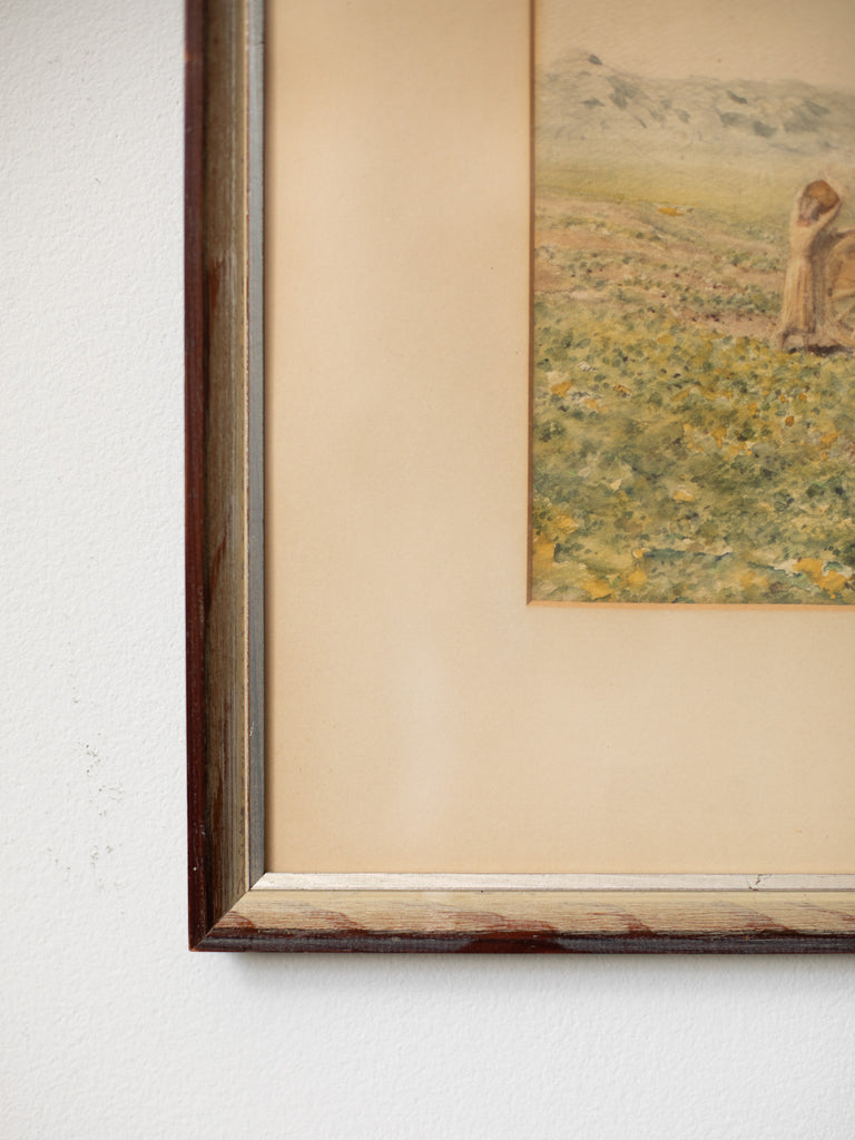 A vintage watercolor painting of five women in a green field with a white horse pulling a wooden cart, with hills and buildings in the distant background.