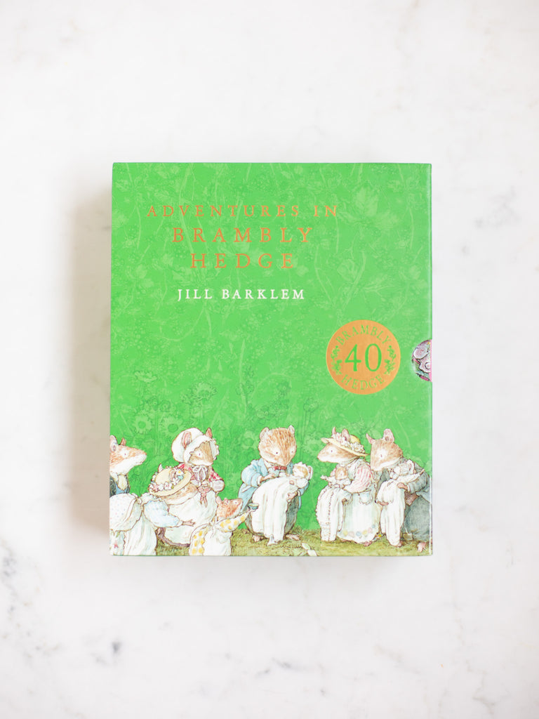 Adventures in Brambly Hedge books box cover packaging, green with various characters.