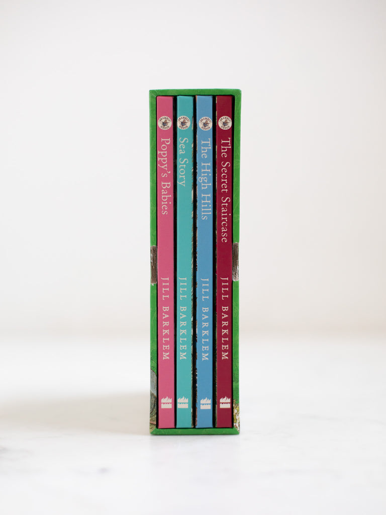 The spines of the Adventures in Brambly Hedge books, all standing next to each other encased in their box packaging.