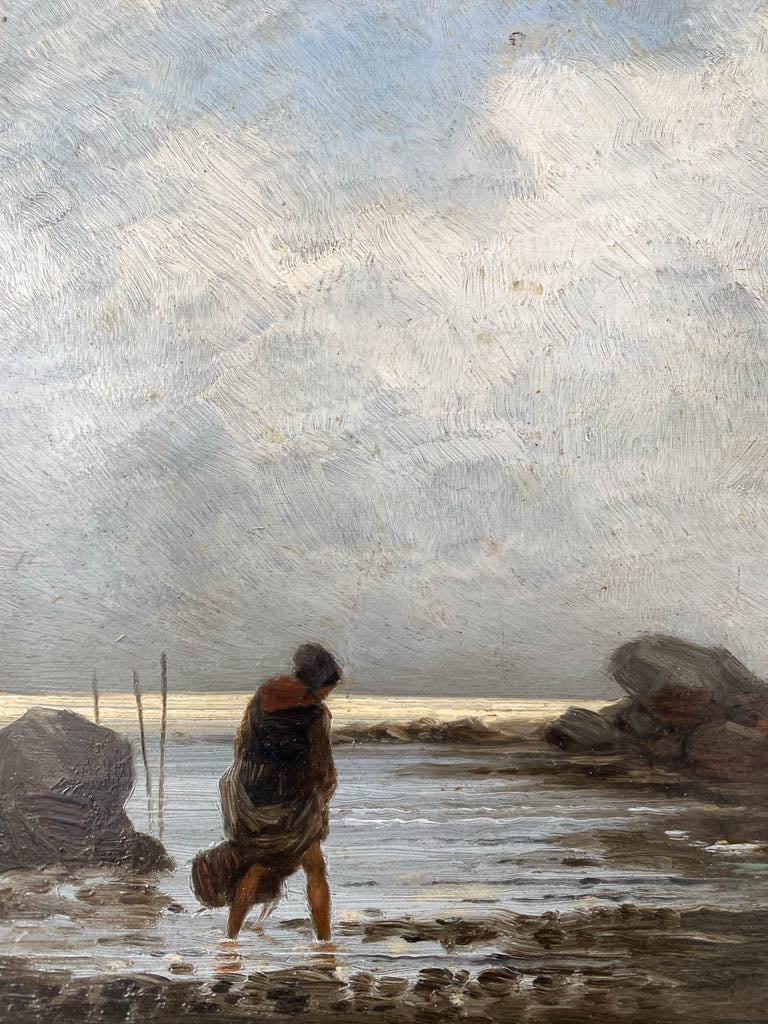 Close up of the subject of the painting. A dark figure walks along the beach with flowing clothing.