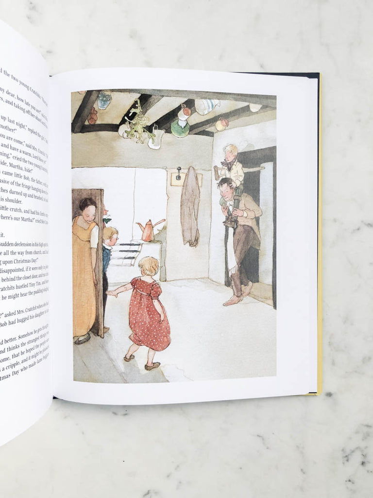 A sample page of a Christmas Carol. A father returns home to his family with a blonde disabled child on his shoulders.
