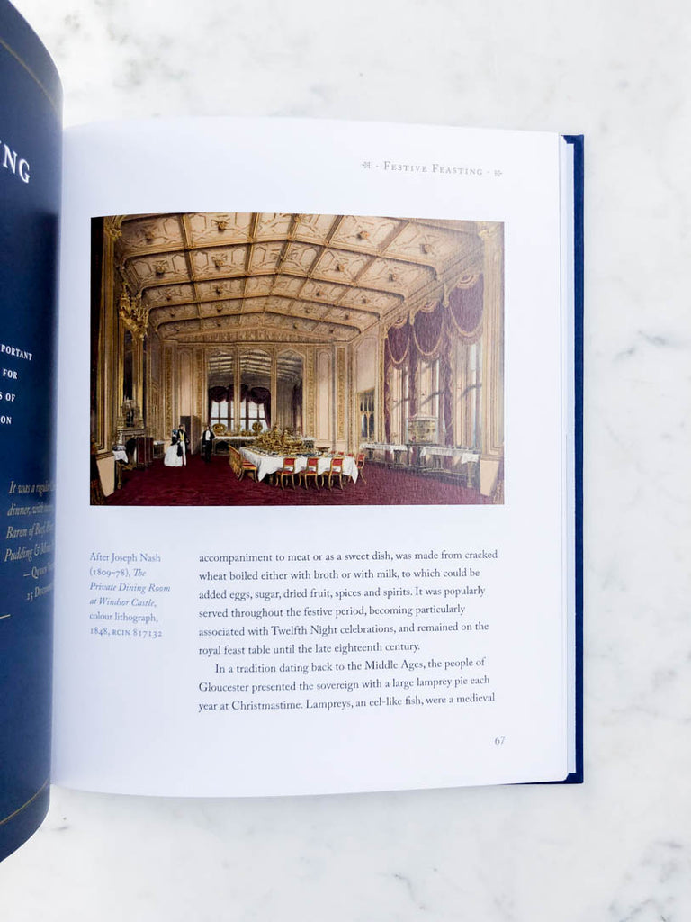 Sample page of book with illustration of an ornate dining area and medium sized text.