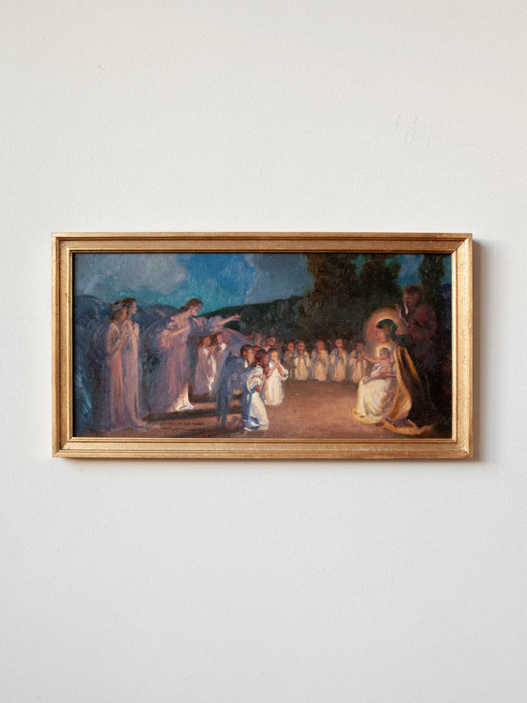 Framed painting showing angels adoring the Christ child.