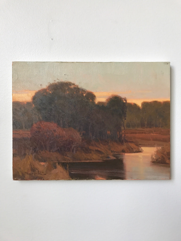 A painting of a tree and a bush in a grassy field behind a sunset. 