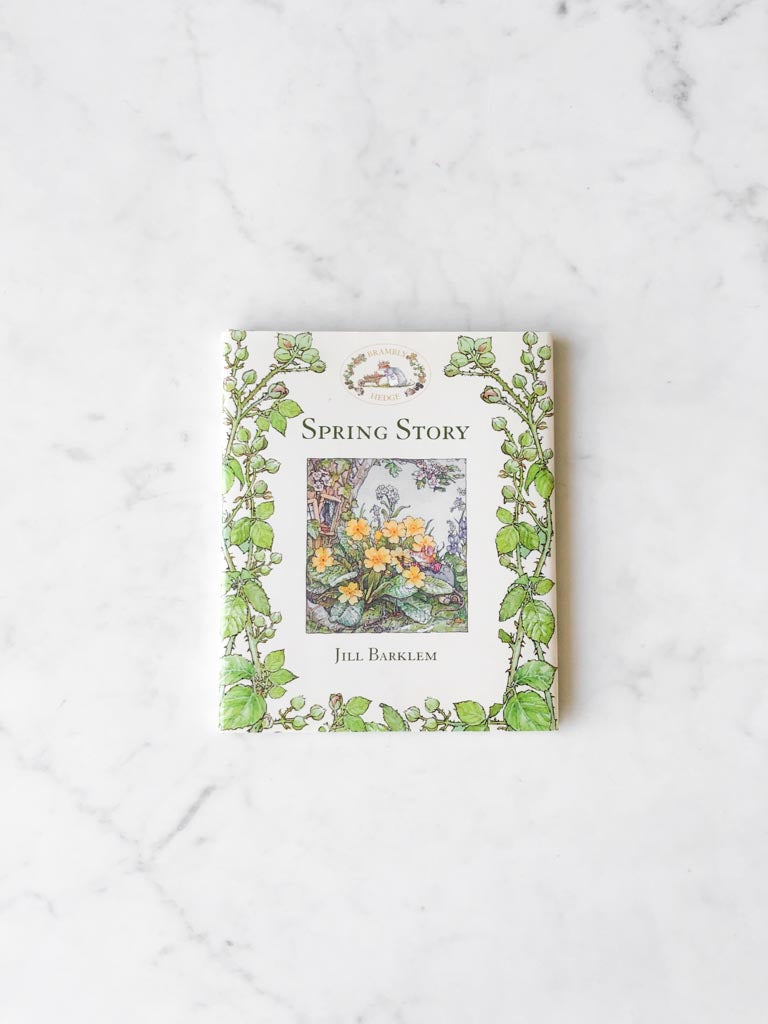 Spring Story book cover with leafy branches and a piece of nature artwork in the middle.