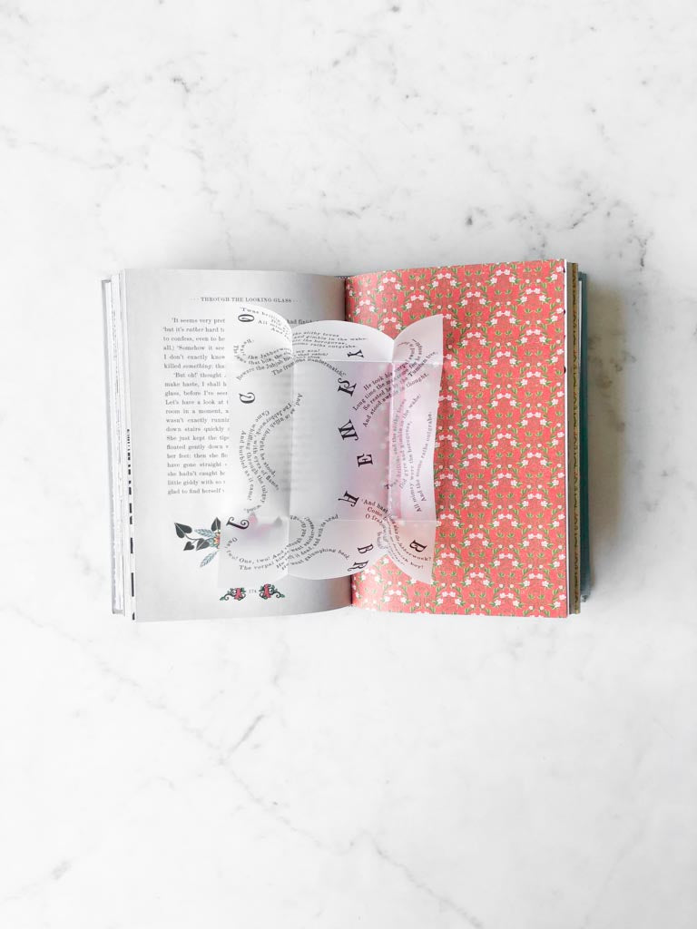 An interactive popup page of Alice’s Adventures in Wonderland with writing of the story and art.