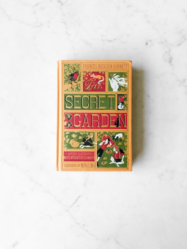 The yellow, green, and red cover The Secret Garden with different scenes and characters displayed with the title in a large gold lettered font.