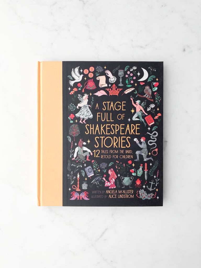 Black and yellow book cover with various images of Shakespeare items.