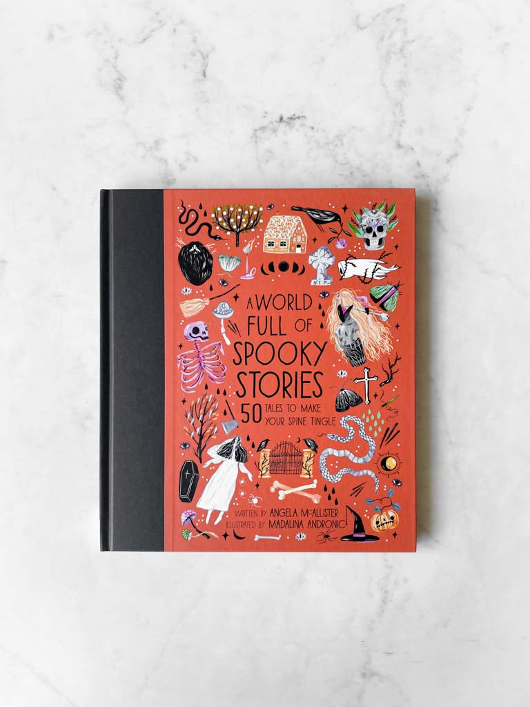 Red and Black book cover showing skeletons, snakes, brooms, bones, pumpkins etc.