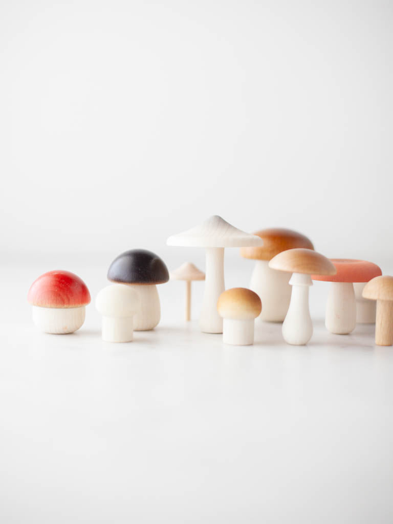 Various wooden mushrooms standing on a table. 