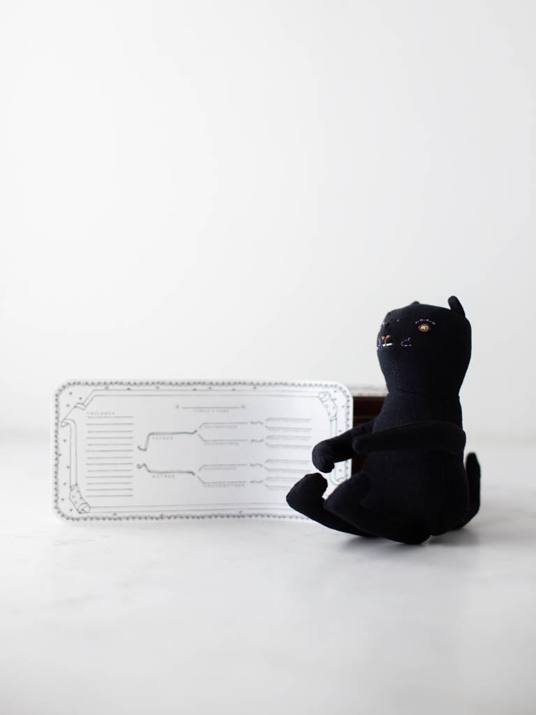 A stuffed cat holding a family tree. 