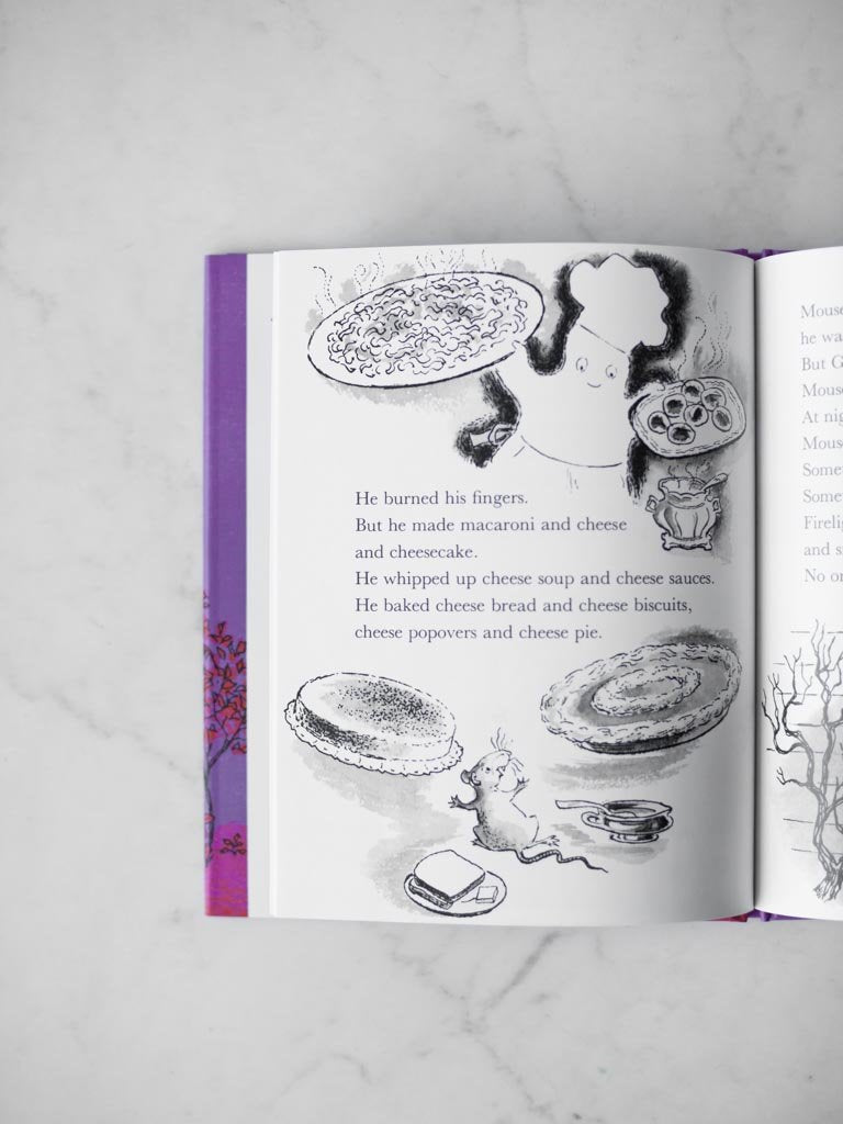 Page from the book of Gus cooking and surrounded by different dishes and wearing a chef hat, as the mouse watches.
