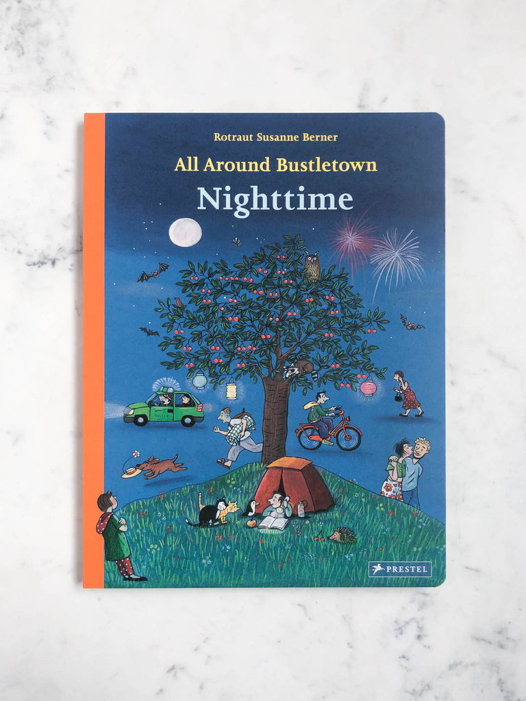A dark royal blue cover that features forest green grass. Illustrations of fireworks and dimly lit tree. The book is entitled “Nighttime”.