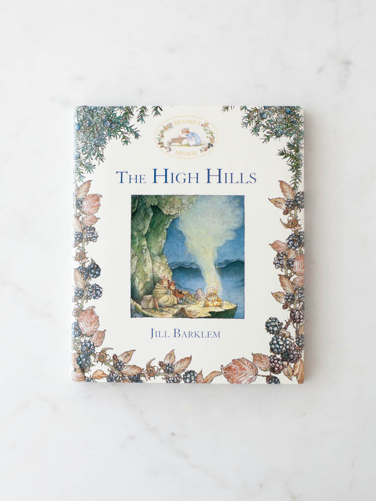 The High Hills book cover, with blueberry bush branches and character art in the middle.