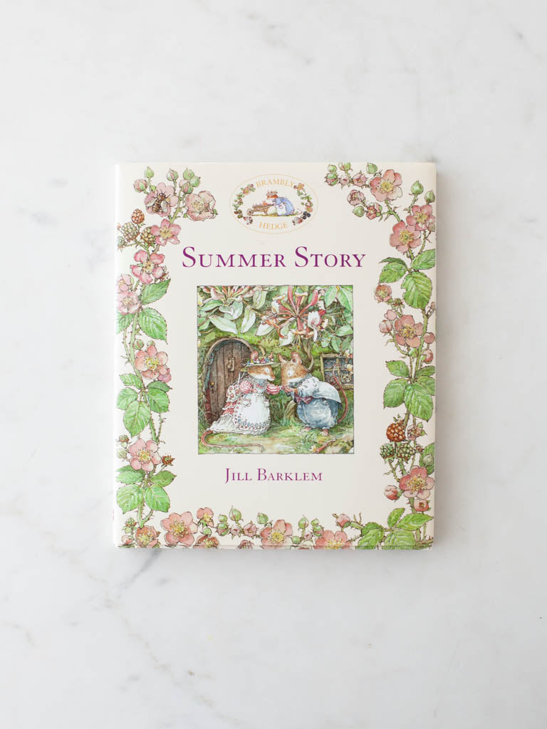 Summer Story book cover with pink flower leafy branches and character art in the middle.