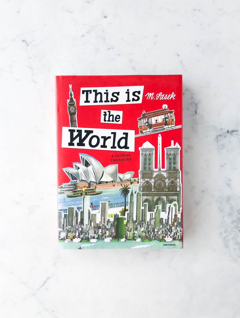 Red family friendly book cover labeled as "This is the World". Image on cover shows several famous buildings from around the world.