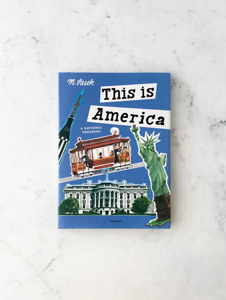 Blue family friendly book cover labeled "This Is America". Images on cover are stickers of Statue of liberty, cable car, rocket ship, and Whitehouse.