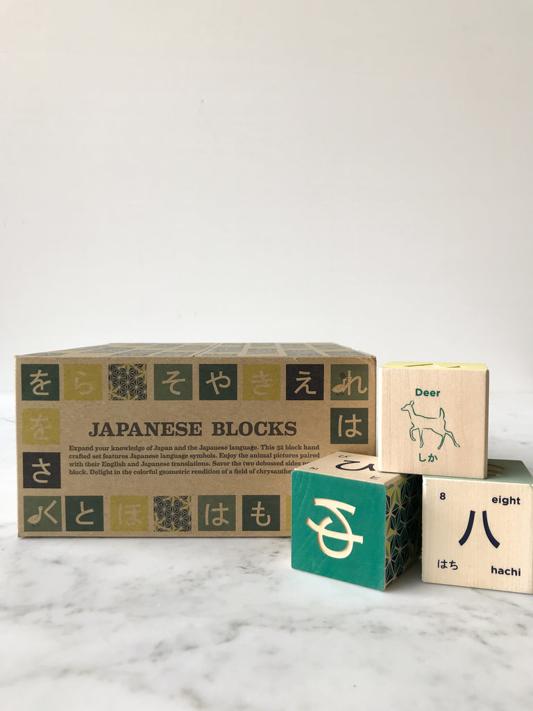 Some blocks decorated with symbols and animals on their sides with the box they come in behind them titled “Japanese Blocks.” 