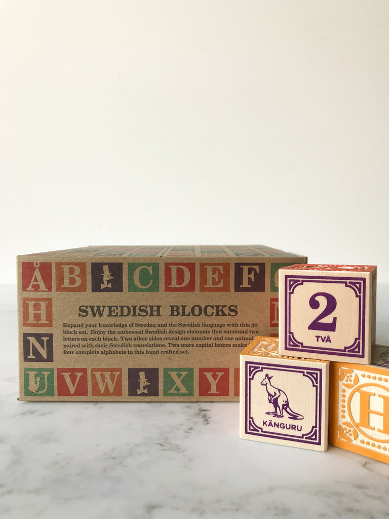 Some blocks decorated with letters, numbers, and animals on their sides with the box they come in behind them titled “Swedish Blocks.” 