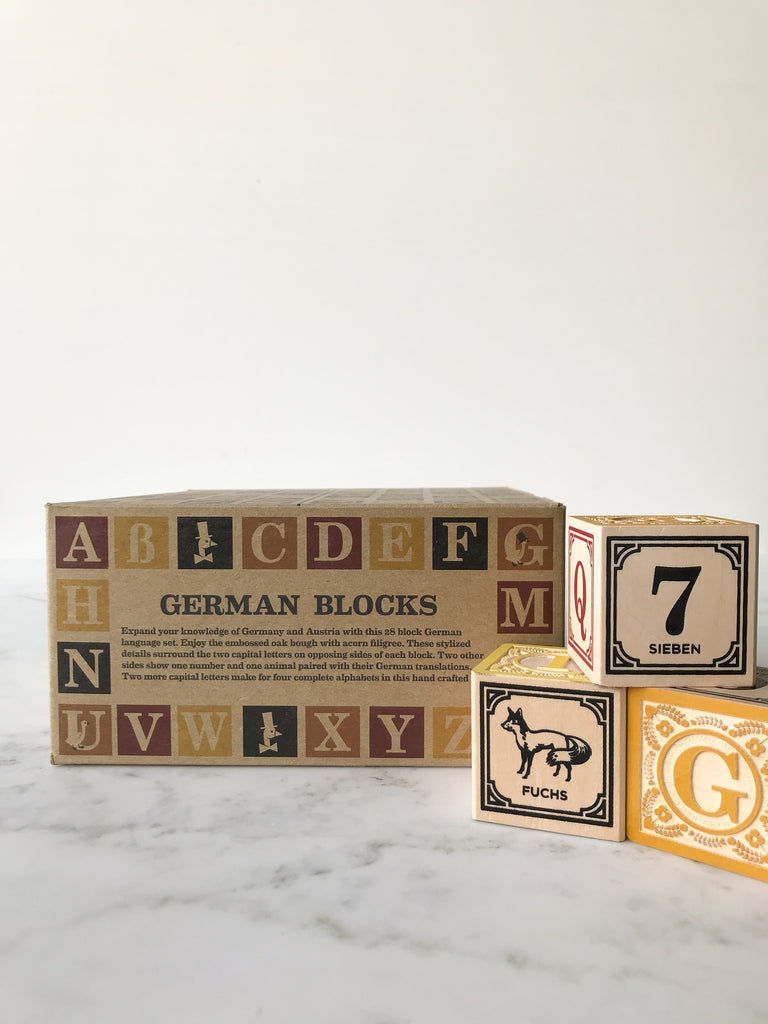 Some blocks decorated with letters, numbers, and animals on their sides with the box they come in behind them titled “German Blocks.” 