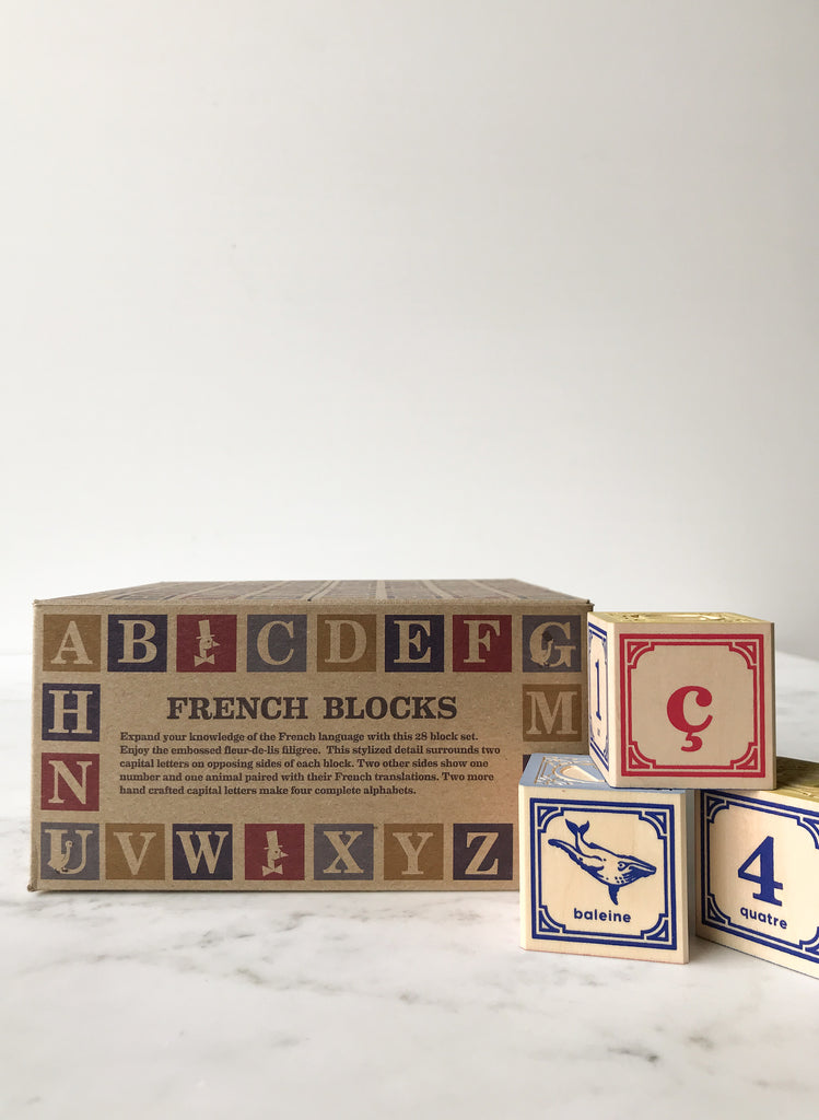 Some blocks decorated with letters, numbers, and animals on their sides with the box they come in behind them titled “French Blocks.” 