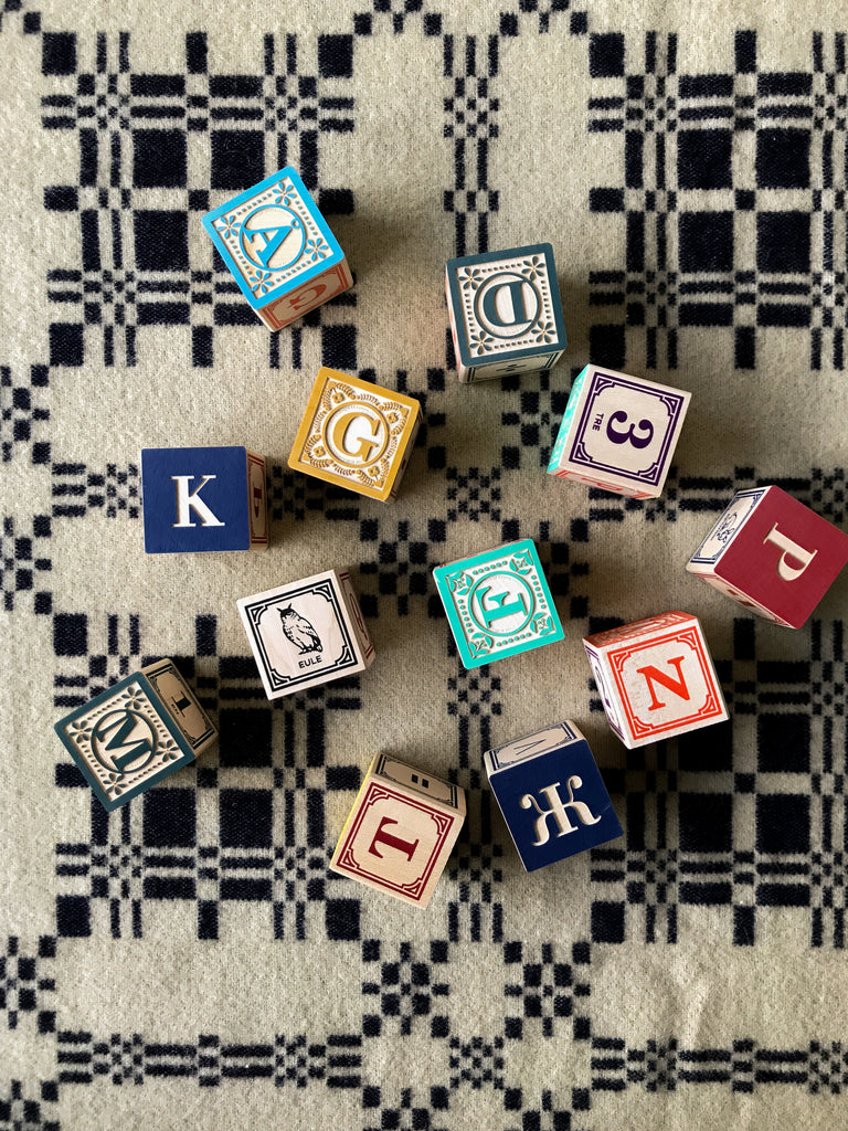 Some blocks decorated with letters, numbers, and animals on their sides on a black and white patterned rug. 
